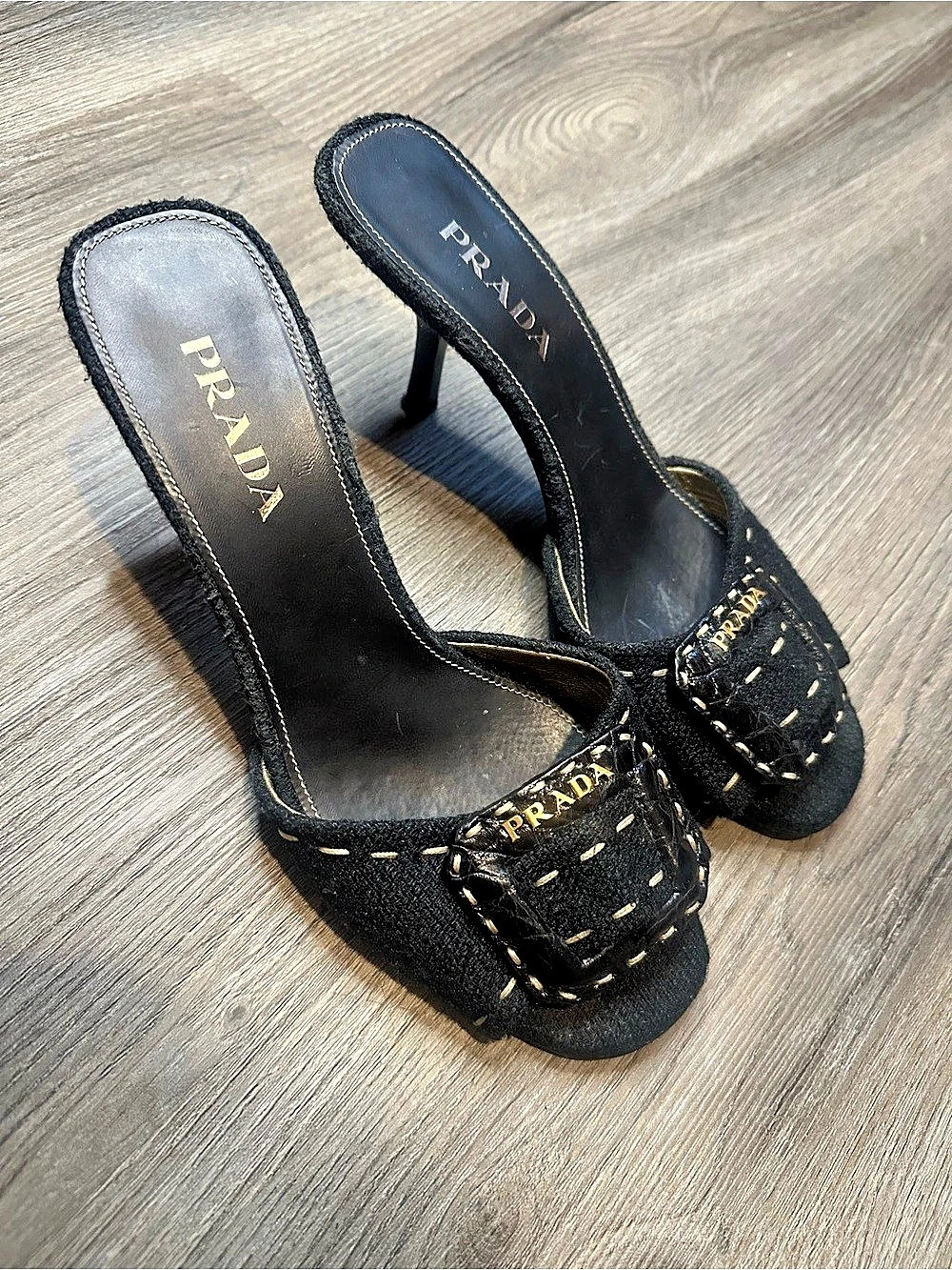 intage PRADA Black Canvas Buckle Kitten Heel Slide Mules Contrast Stitch Sz 5